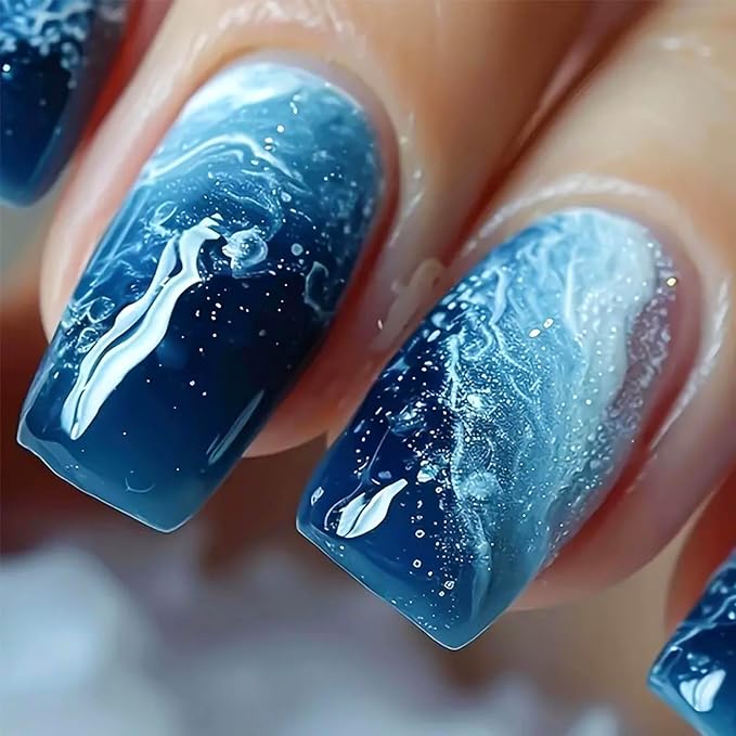 Square Press on Nails - Medium Blue Ombre False Nails with Glitter Designs, Thick Glossy Artificial Nails, 24Pcs