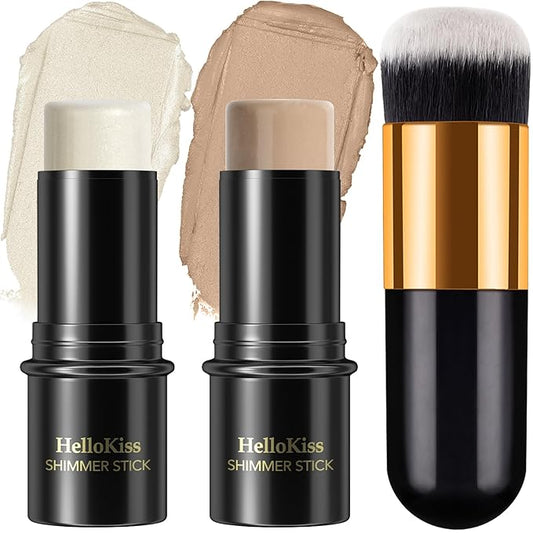2Pcs Cream Contour Stick Makeup Kit, Cream Highlighter Stick and Bronzer Contour Stick with Longwear Waterproof Formula for Brightening and Trimming the Cheeks, Makeup Brush Include (#02, 08)-VivaGrace Women
