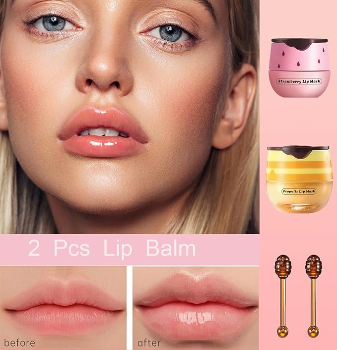 2 PCS Bee Lip Balm Honey Pot, Honey Strawberry Bee Lip Balm Sleeping Lip Mask Overnight with Sticks, Honey Pot Lip Balm Hydrating Exfoliating Prevention Dry and Crack Lip Scrubs-VivaGrace Women