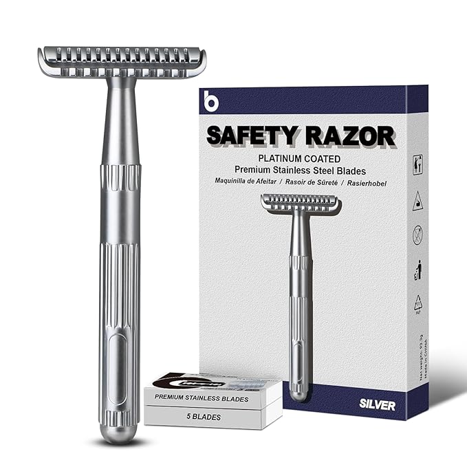 Matte Silver Double Edge Safety Razor, Single Blade Razors for Men and Women, with 10 Stainless Steel Safety Razor Blades, Reusable, Smooth and Close Wet Shaving Kit, Plastic Free-VivaGrace Women