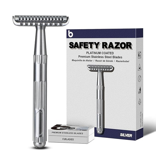 Matte Silver Double Edge Safety Razor, Single Blade Razors for Men and Women, with 10 Stainless Steel Safety Razor Blades, Reusable, Smooth and Close Wet Shaving Kit, Plastic Free-VivaGrace Women