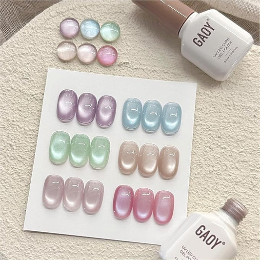 GAOY Summer Gel Nail Polish Set, 6 Icy Sheer Cat Eye Gel, Crystal Clear Holographic Nail Art for Beach Vacations & Pool Party Glam