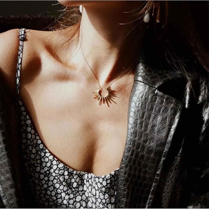 Vintage Sunburst Pendent Necklace Hollow Sunburst Necklace Moonstone Gold Sun Choker Necklace Open Sunburst Necklace Jewelry for Women (Gold)-VivaGrace Women