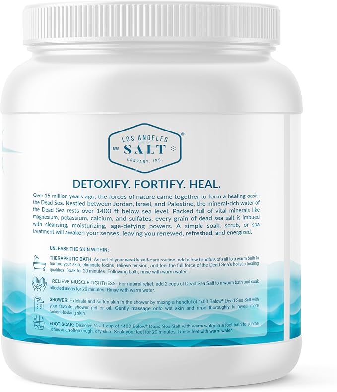 1400 Below 5 Lbs Jar Dead Sea Salt, Fine Grain - Foot and Spa Bath Soak, Exfoliating Body Scrub, 100% Pure and Mineral-Rich, Highest Mineral Content – Natural Muscle Tension Relief-VivaGrace Women