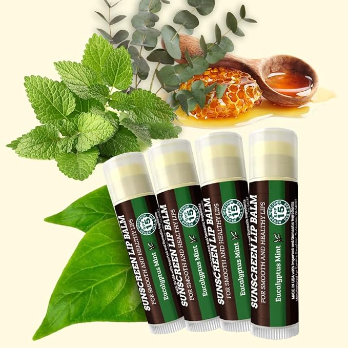 SPF Lip Balm 4-Pack by Earth's Daughter - Lip Sunscreen, SPF 15, Organic Ingredients, Eucalyptus Mint Flavor, Beeswax, Coconut Oil, Vitamin E - Hypoallergenic, Paraben Free, Gluten Free-VivaGrace Women