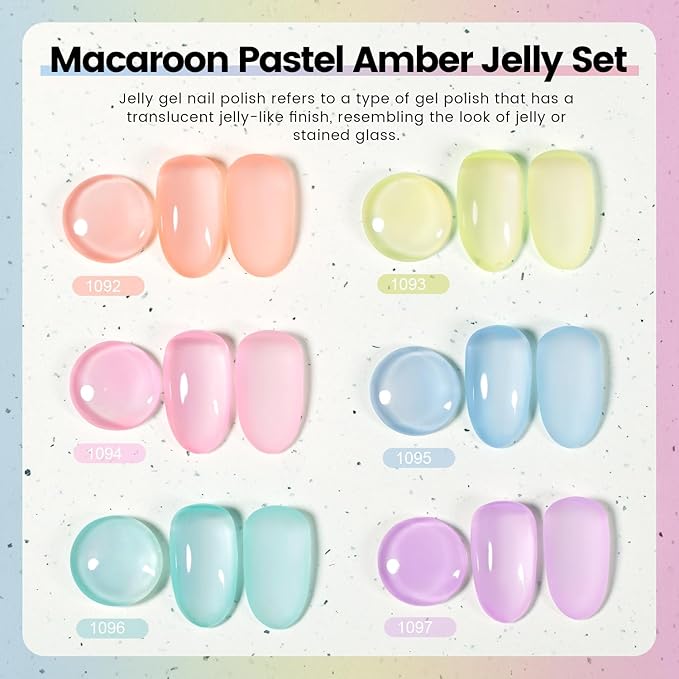 RARJSM Pastel Stained Glass Gel Nail Polish Set 6pcs Clear Orange Yellow Blue Pink Purple Crytal Transparent Jelly Series Sheer Amber Gel Varnish LED UV Curing Requires Spring Easter French Manicure-VivaGrace Women