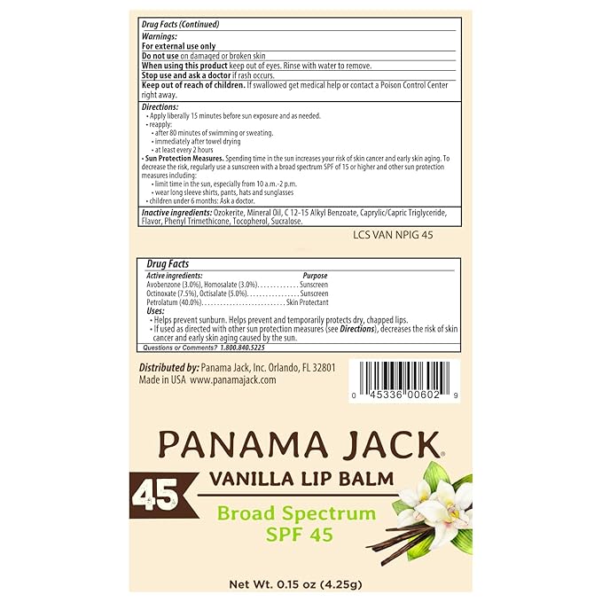 Panama Jack Sunscreen Lip Balm - SPF 45, Broad Spectrum UVA-UVB Sunscreen Protection, Prevents & Soothes Dry, Chapped Lips, Vanilla, 7-pack-VivaGrace Women
