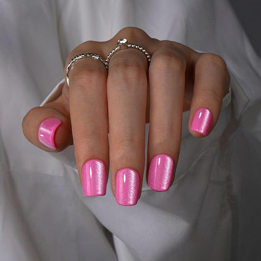 KQueenest Cat Eye Neon Hot Pink Press on Nails Short Square, Thick Glitter Gel Nails Press ons, Sparkle Bling Fake Acrylic Nails Glue on Short, Shiny Cute False Nails Set for Women Party Wear 30 Pcs
