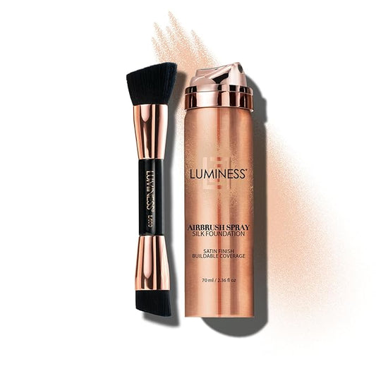 LUMINESS Silk Airbrush Spray Foundation & Buffing Brush Kit – Full Coverage Foundation & Dual-Sided Buffing Brush - Buildable Coverage, Anti-Aging Formula Hydrates & Moisturizes - Neutral Fair-VivaGrace Women