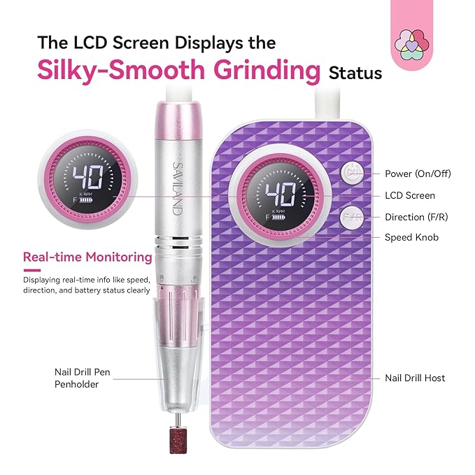 SAVILAND Essentials Electric Nail Drill: 40000RPM High-Torque Nail File Quick Removal for Acrylic Nails Easy Operation Portable Nail Drill for Beginner Home DIY Nail Art Manicure Pedicure-VivaGrace Women