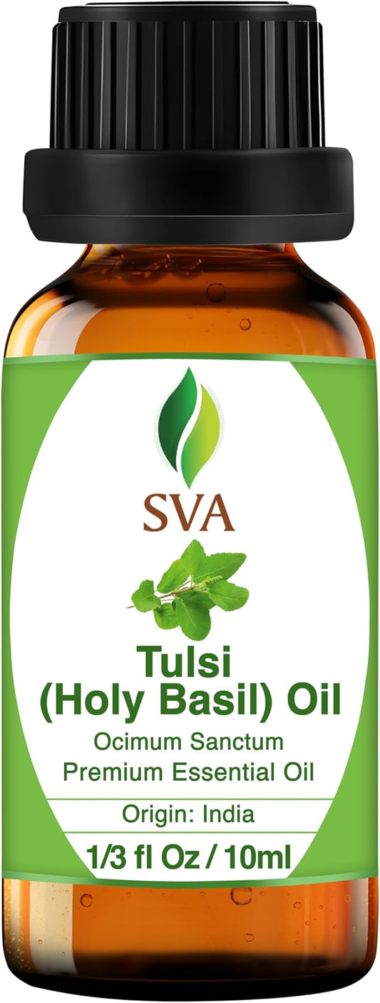SVA Holy Tulsi Essential Oil – 1/3 Fl Oz – 100% Natural Tulsi Oil - for Diffuser, Hair Care, Face, Skin Care, Aromatherapy, Scalp and Body Massage, Soap and Candle Making-VivaGrace Women