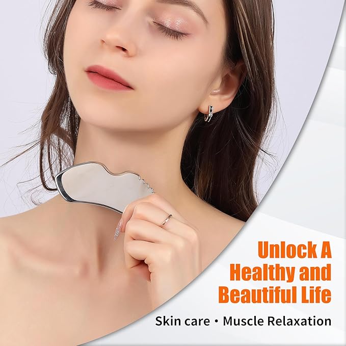 2Pcs Stainless Steel Gua Sha Facial Tools Set, Metal Face Comb Detail Skin Care Tools, Body and Face Gua Sha Sculpting for Tighten Skin Lymphatic Drainage-VivaGrace Women