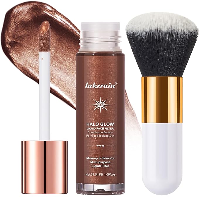 Natural Glow Liquid Filter Makeup, Longwear Face Luminizer, Complexion Booster For Any Part of the Body, Liquid Highlighter with Brush Kit, Infused Hyaluronic Acid, 1.06 fl oz (#08 RICH)-VivaGrace Women