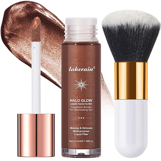Natural Glow Liquid Filter Makeup, Longwear Face Luminizer, Complexion Booster For Any Part of the Body, Liquid Highlighter with Brush Kit, Infused Hyaluronic Acid, 1.06 fl oz (#08 RICH)-VivaGrace Women