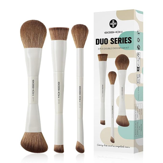 EIGSHOW Makeup Brush Set, 3Pcs Double Ended Face Makeup Brushes for Foundation Powder Contour Highlight Concealer Nose Shadow, Travel Gift Set (Beige)-VivaGrace Women