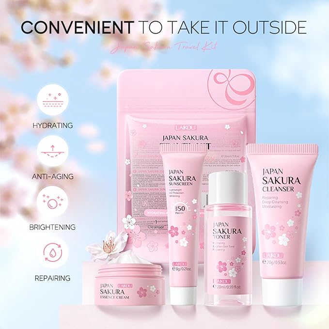 Sakura Travel Skincare Set for Teenage Girls - Face Routine Set for Women,4 Piece Gentle Skin Cleaning & Care Travel Size Kit With Cleanser, Toner, sunscreen and Face Cream-VivaGrace Women
