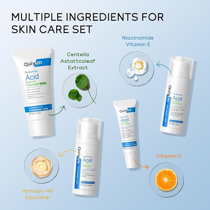 Skin Care Set, Hyaluronic Acid Travel Size Skincare Set W/ Low pH Cleanser, Moisturizer, Serum, Eye Cream, Toiletry Bag, Face Care Set Gift for Women Girls, Hydrating Anti Aging for Dry Skin-VivaGrace Women