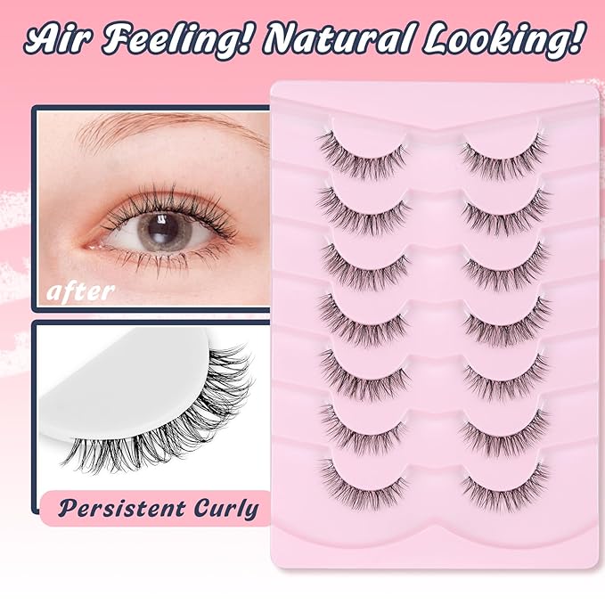 Natural Lashes False 11mm Short Eyelashes Wispy C Curl Eye Lashes Pack with Thin Cotton Band Fake Eyelash 3D Volume For Daily Siligli Lash 7 Pair-VivaGrace Women