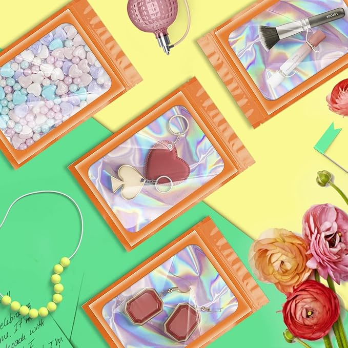 ANZNKU 100 Pcs Smell Proof Mylar Resealable Bags, Holographic Packaging Bags, Resealable Odor Foil Pouch Zip Bag with Clear Window for Food Storage and Lipgloss, Jewelry Lash (Orange, 4.7 x 7.9 Inch)-VivaGrace Women