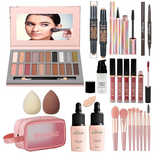 All in One Makeup Kit, Includes 20 Colors Eyeshadow Palette, RUIGPRO Foundation & Face Primer, Makeup Brush, Makeup Sponge, Eyebrow Soap, Winged Eyeliner Stamp, Gift Set for Women, Girls & Teens-VivaGrace Women