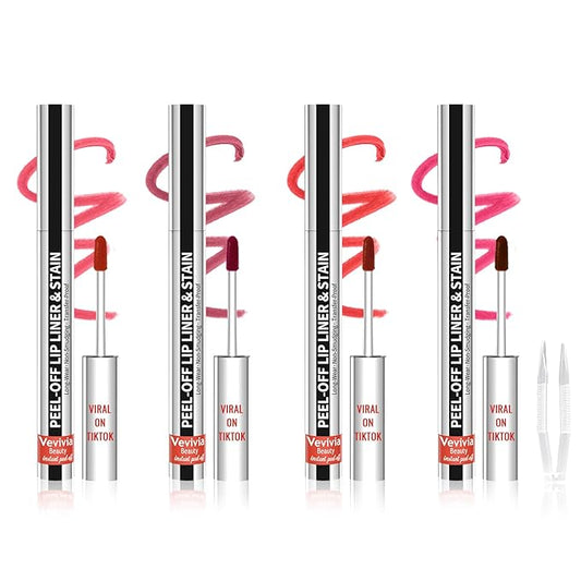 4pcs Lip Stain Peel Off - Lip Liner Stain Long Lasting Waterproof with Tweezer,2-in-1 Lip Liner Matte,Natural Finish,Non-Stick Cup,Stay On All Day,Perfect for Gift(Cocoa+Rose+Nude+Mauve)-VivaGrace Women