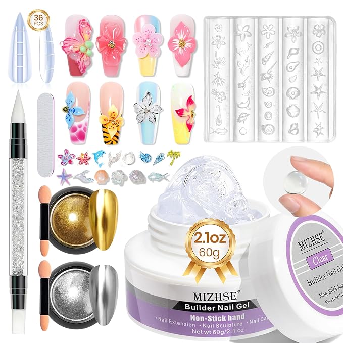 MIZHSE Solid Builder Gel for Nails, Clear 60g 3D Sculpting Gel for Nail Art Non-Sticky Molding Hard Gels UV LED Nail Charm with Gold Chrome Nail Powder and 3D Silicone Flower Mold Kit for DIY Salon-VivaGrace Women