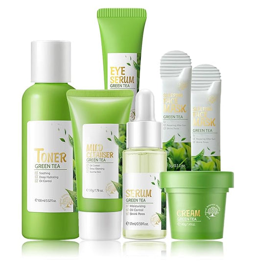 Skin Care Products Set, Green Tea Skin Care Sets, Women Gift Sets,Skin Care Routine Kit with Toner, Serum, Face Cream, Eye Cream Cleanser, Sleep Mask,Korean Beauty Products (SetD)-VivaGrace Women