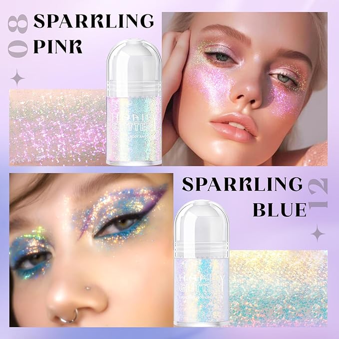2 Colors Roll-on Body Glitter Gel, Holographic Glitter Gel Under Light for Face Hair, Body Shimmer for Rave Accessories Christmas New Year Halloween Makeup (8+12)-VivaGrace Women