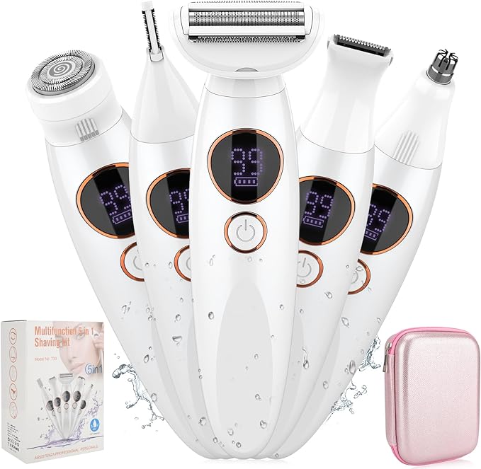 5 in 1 Bikini Trimmer for Women,IPX7 Waterproof Cordless Replaceable Pubic,Eyebrow,Facial Electric Razors&Nose Hair Trimmer&Painless Body Shaver for Arms Legs Underarms,USB Charge,LED Display,Wet&Dry-VivaGrace Women