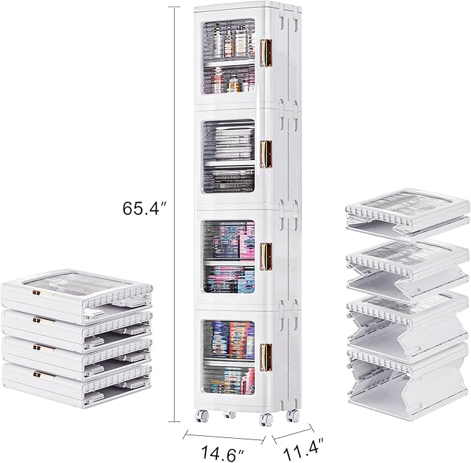 VECELO 4-Tier Plastic Tall Narrow Storage Cabinet with Movable Wheels, Adjustable Shelves, Magnetic Doors, Slim Bathroom Organizers and Storage for Small Space, Bathroom, Kitchen, Laundry, White-VivaGrace Women