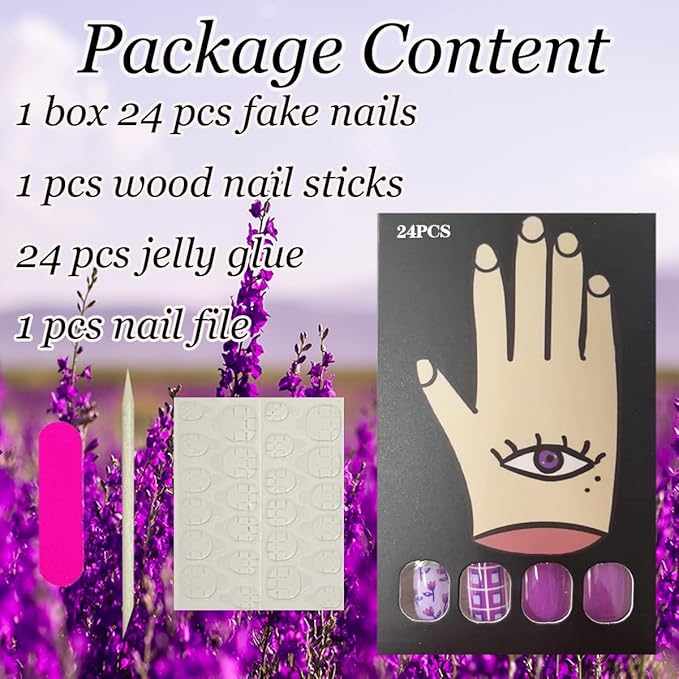 24Pcs Purple Flower Press on Nails Short Square Fake Nails Purple Floral Checkerboard Stripe Designs Press Ons Full Cover Glossy Glue on Nails Purple False Nails Reusable Coffin Nails for Women Girls