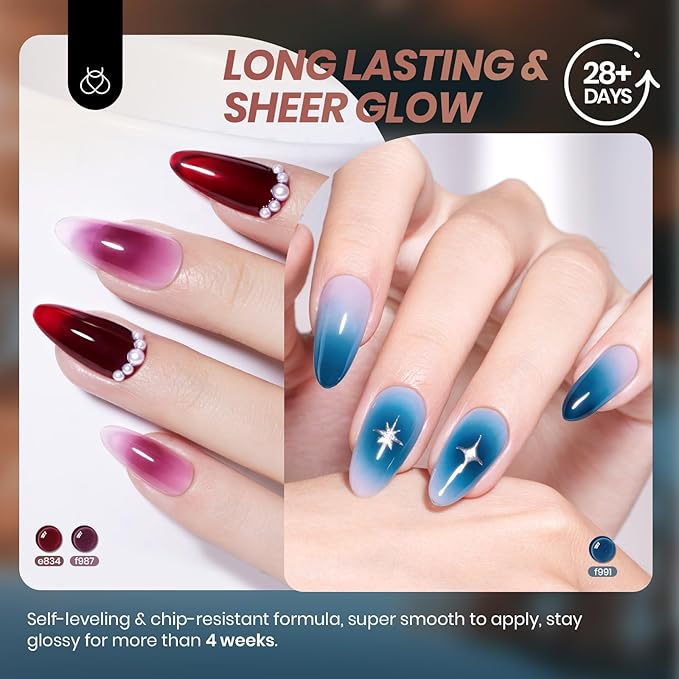 Beetles Jelly Gel Nail Polish Set - 6 Colors Mocha Brown Burgundy Red Purple Green Blue Fall Gel Polish Kit Sheer Translucent Effect Soak Off UV Midnight Syrup Nail Art Manicure Gift for Women-VivaGrace Women