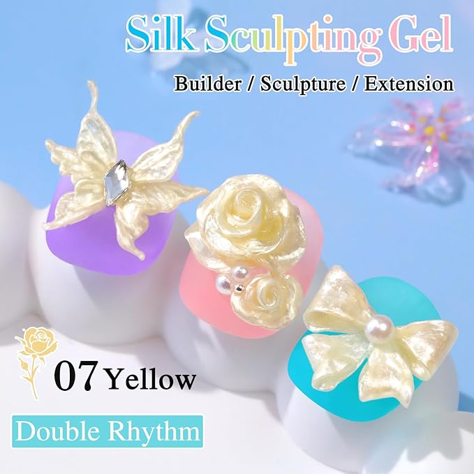 Double Rhythm 3D Nail Gel Pearl Solid Sculpting for Nail Art Non-Sticky Hard for Building Carving Molding Extension Soak Off UV/LED Nail Art Salon Home DIY 0.5 Oz (Yellow-Silk 07)-VivaGrace Women