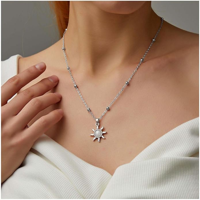 Vintage Opal Crystal Sun Pendent Necklace Opal Sunburst Necklace Moonstone Sun Choker Necklace Gold Ball Chain Necklace Jewelry for Women (Gold)-VivaGrace Women
