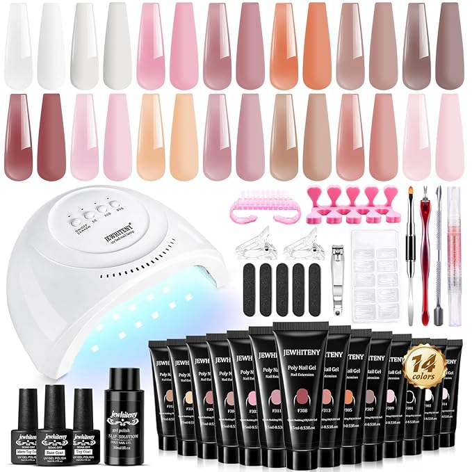 JEWHITENY 14 Colors Poly Extension Gel Nail Kit With U V Lamp Nude Pink White Brown All In One Poly Gel Starter Kit With Base Top Coat Manicure Salon Frence Nail Art DIY-VivaGrace Women