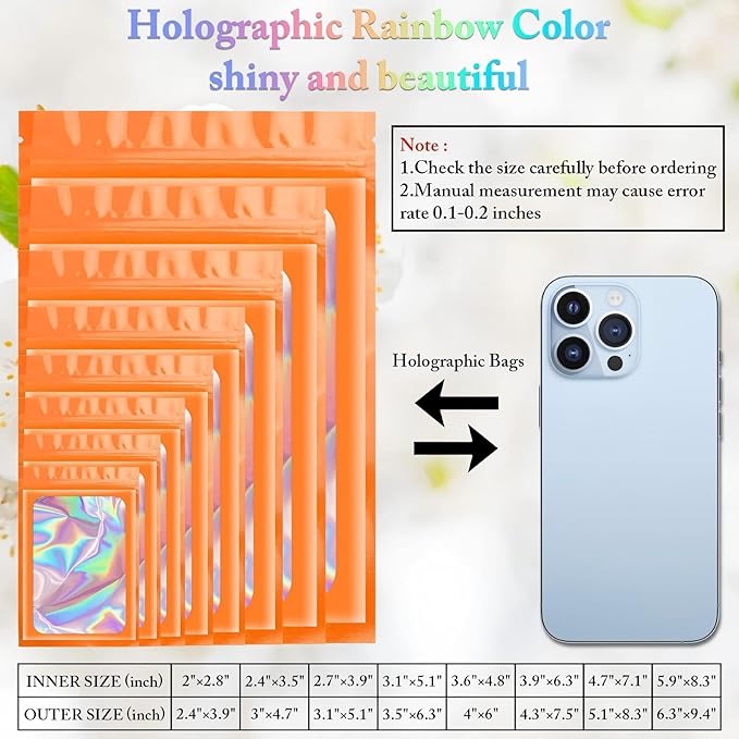 ANZNKU 100 Pcs Smell Proof Mylar Resealable Bags, Holographic Packaging Bags, Resealable Odor Foil Pouch Zip Bag with Clear Window for Food Storage and Lipgloss, Jewelry Lash (Orange, 4.7 x 7.9 Inch)-VivaGrace Women