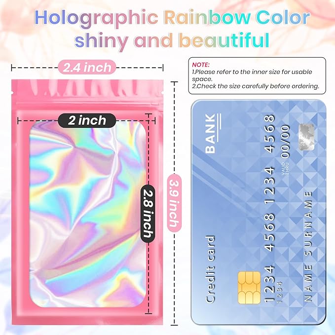 100 Pack Holographic Bags, Resealable Bags Packaging Bag with Clear Window Resealable Odor Foil Pouch for Food Storage, Lipgloss&Jewelry Lash Packaging(Pink, 2.4 x 3.9 Inch)-VivaGrace Women