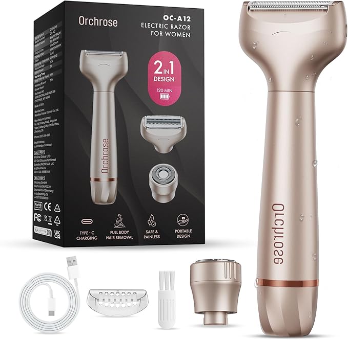 Electric Razor for Women Body: Rechargeable Painless Electric Shaver for Bikini Face Body Legs Underarms - 3-in-1 Blade and Rotary Shaving Head (Honey Gold)-VivaGrace Women