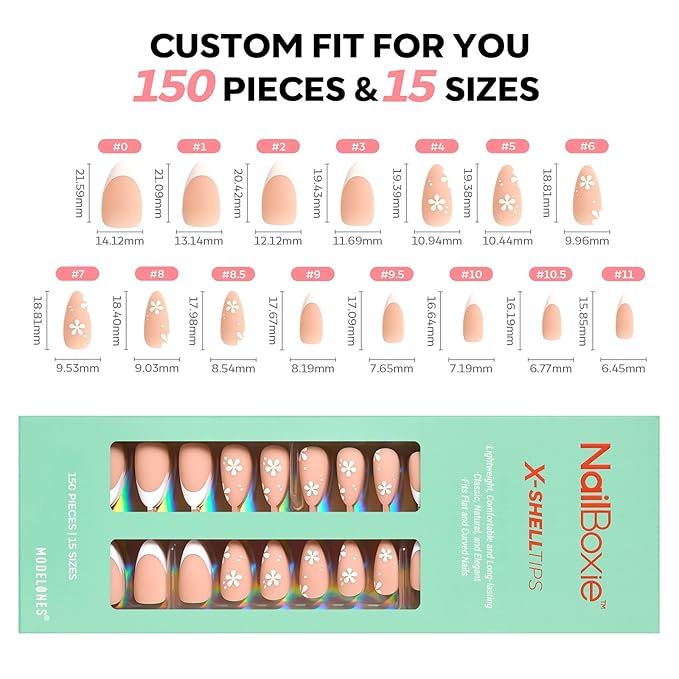 modelones Press on Nails, 150 Pcs French Tip Press on Nails, NailBoxie Brown Almond Shape Nail Tips, Natural Salon Finish Fake Nails, Ideal for Wedding, Party, Daily DIY Nail, 15 Sizes-VivaGrace Women