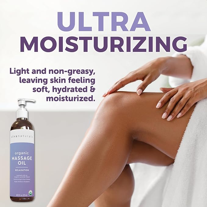 Viva Naturals Organic Massage Oil (8 fl. oz.) - Lavender Scented Non-Greasy Body Massage Oil with Mess-Free Pump, Moisturizing Massage Oils for Massage Therapy, Non-GMO and Certified Organic, 237 mL-VivaGrace Women