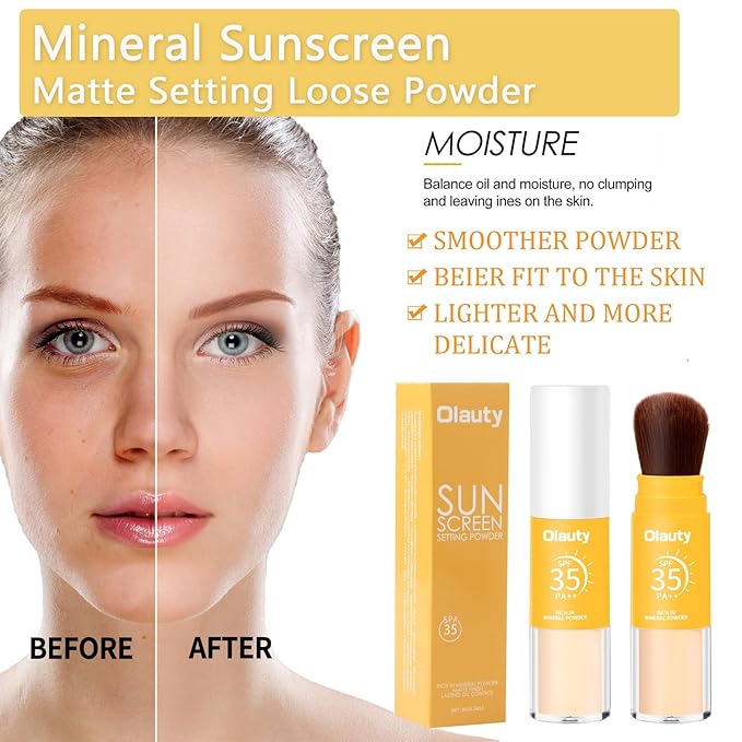 Mineral Sunscreen Setting Powder, SPF 35, Translucent Setting Brush Powder for Face, Long Lasting Oil Control Matte Loose Powder, Lightweight, Breathable (02# Medium)-VivaGrace Women