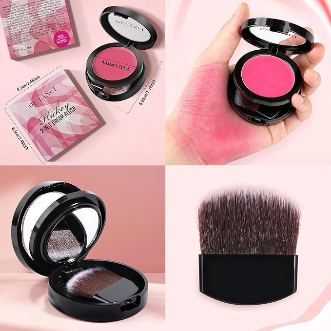 DE'LANCI Soft Cream Blush, Intense Color Pay off Putty Blush for Cheeks, Long Lasting Natural Look Rouge for Dark Skin, Blendable Pinkness Flush Korean Blush with Mirror and Brush,No Greasy (ROSE 02#)-VivaGrace Women