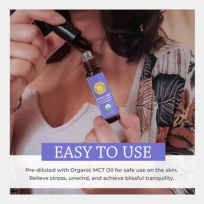 Silk Road Organic Restful Ease Essential Oil Sleep & Stress Blend Roll On - 100% Pure USDA Certified with Indian Sandalwood - Stress Ease Aromatherapy & Calming Relaxation - 10 ml Roller-VivaGrace Women