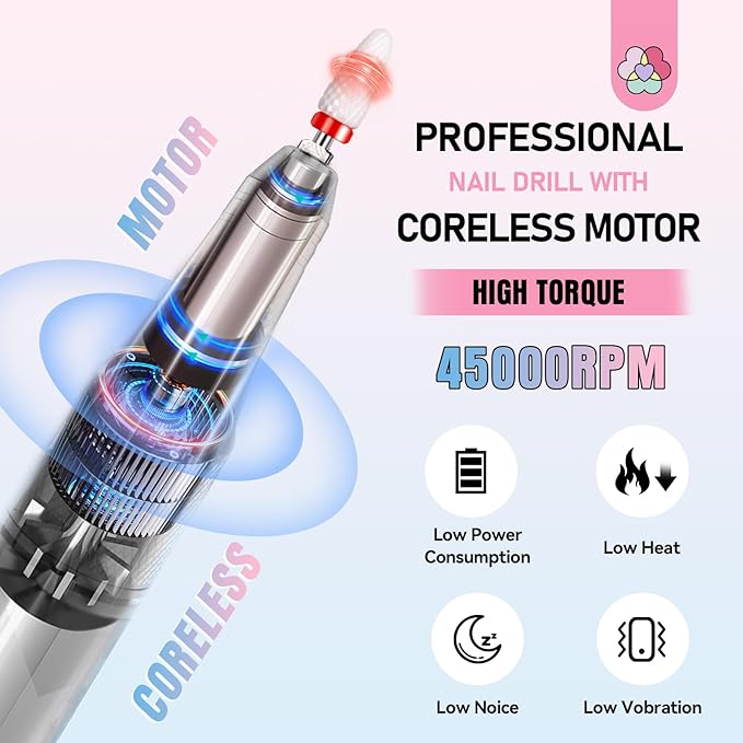 SAVILAND 45000RPM Electric Nail Drill Professional: Unique Coreless Nail File Last 15H Long Battery Life |Cordless Nail Drill for Quick Acrylic Nail Removal Ultra Quiet Salon Use Manicure Pedicure-VivaGrace Women