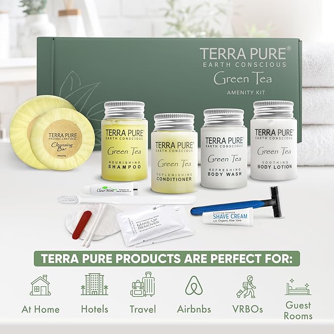 Terra Pure Green Tea Amenity & Accessory Kit | 1 oz Travel Size Shampoo, Conditioner, Lotion, Body Wash, 2 Soap Bars, Shave & Dental Sets, Make-Up Remover Wipes, & Vanity Kit | 1 set per case-VivaGrace Women