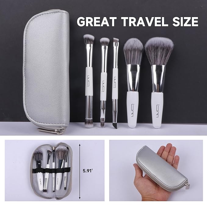 Travel Makeup Brushes Set w/Pouch, 5PCS Double Ended Portable Mini Cosmetic Brushes Kit for Foundation, Eyeshadow, Lip, Blush Make Up Brushes Professional(White)-VivaGrace Women