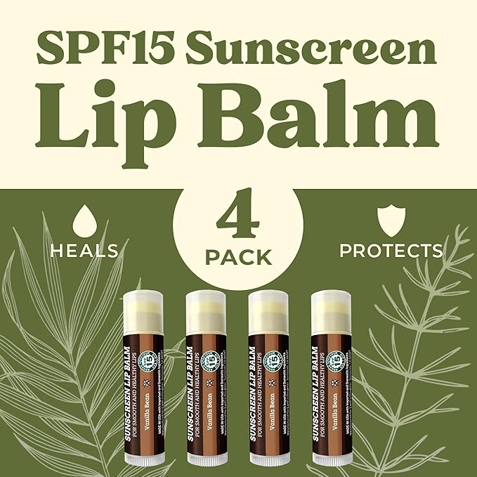 SPF Lip Balm 4-Pack by Earth's Daughter - Lip Sunscreen, SPF 15, Organic Ingredients, Vanilla Flavor, Beeswax, Coconut Oil, Vitamin E - Hypoallergenic, Paraben Free, Gluten Free-VivaGrace Women
