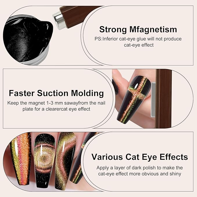 3 In 1 Nail Magnet, Multifunctional Cat Eye Gel Nail Polish Magnet with Octagonal Mahogany Shell Protective Cover for Cat Eye Nail Art Design (Black Walnut)