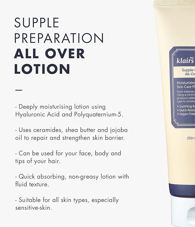 DearKlairs] Supple Preparation All-over lotion, Daily face and body moisturizer, for sensitive skin, Essential oil Free, Artificial fragrance free,250ml, 8.45oz-VivaGrace Women
