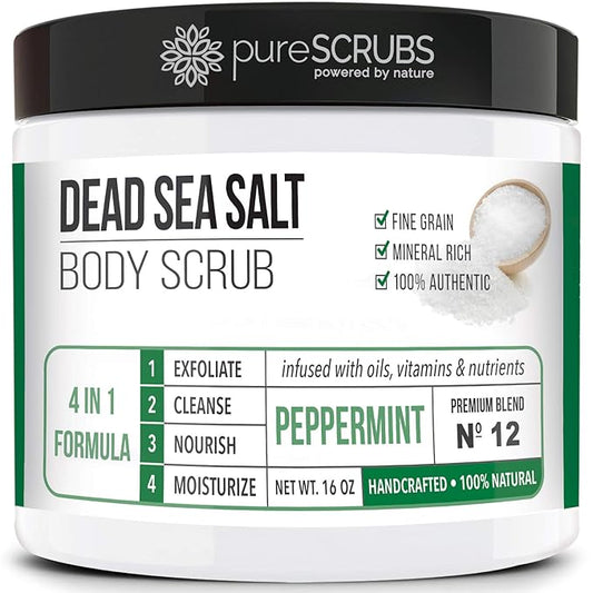 pureSCRUBS Premium Sea Salt Body Scrub Set - Large 16oz Peppermint Scrub With Infused Essential Oils & Nutrients, Includes Wooden Spoon, Loofah & Oatmeal Exfoliating Bar Soap-VivaGrace Women